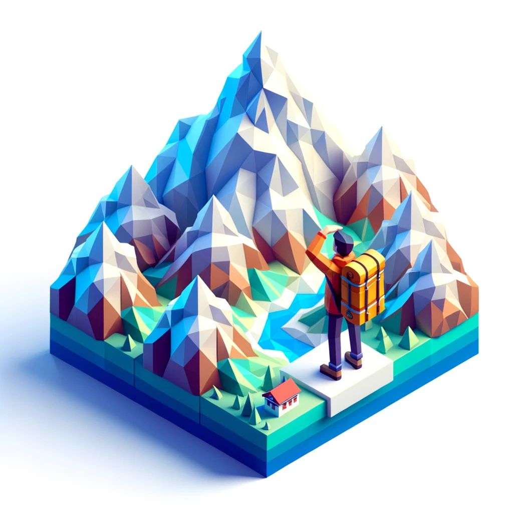 a brightly coloured, detailed icon of someone gazing at Mount Everest emoji, 3D low poly render, isometric perspective on white background